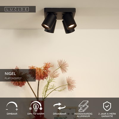 Lucide NIGEL - Plafondspot - LED Dim to warm - GU10 - 4x5W 2200K/3000K - Zwart